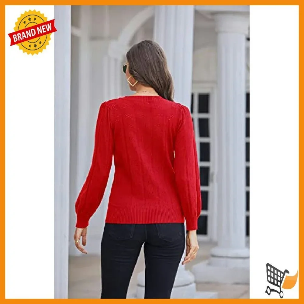 Long Lantern Sleeve Crochet Pullover Sweater Hollow Out Knit Top